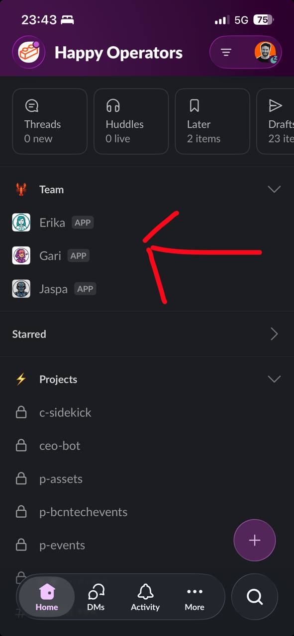 The three agents showing up as team members in Slack